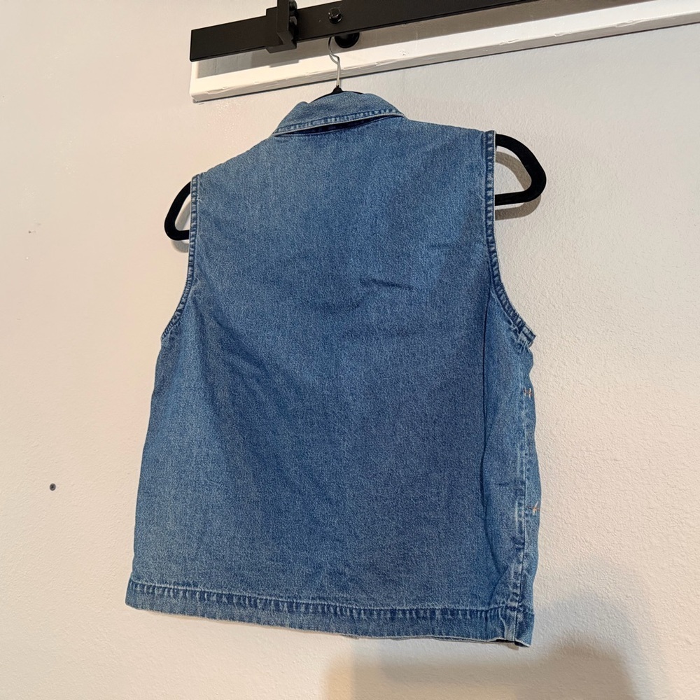 Vtg Embroidered Button Front Denim Vest Medium Leaves Patchwork Velvet Fall - Picture 7 of 8